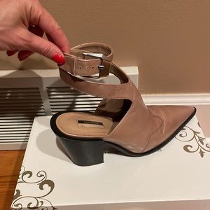 Very comfortable mules with ankle buckle!